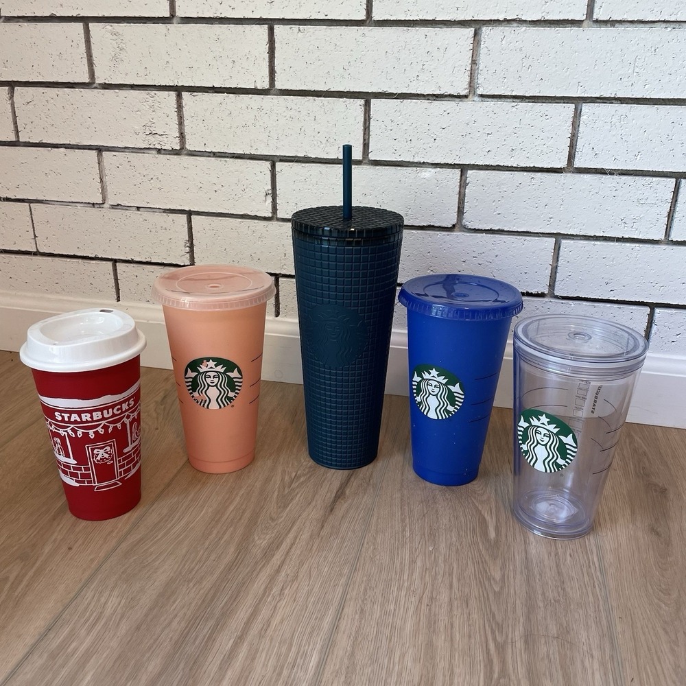 Starbucks Tumbler Lot of 5 Winter 2023 Venti Grid Soft Touch Cups Navy Clear Red
